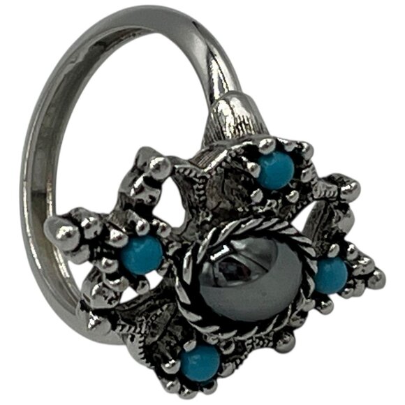 Vintage Avon Silver Tone Hematite Ring with Faux Turquoise Size 7.5 - Picture 9 of 10